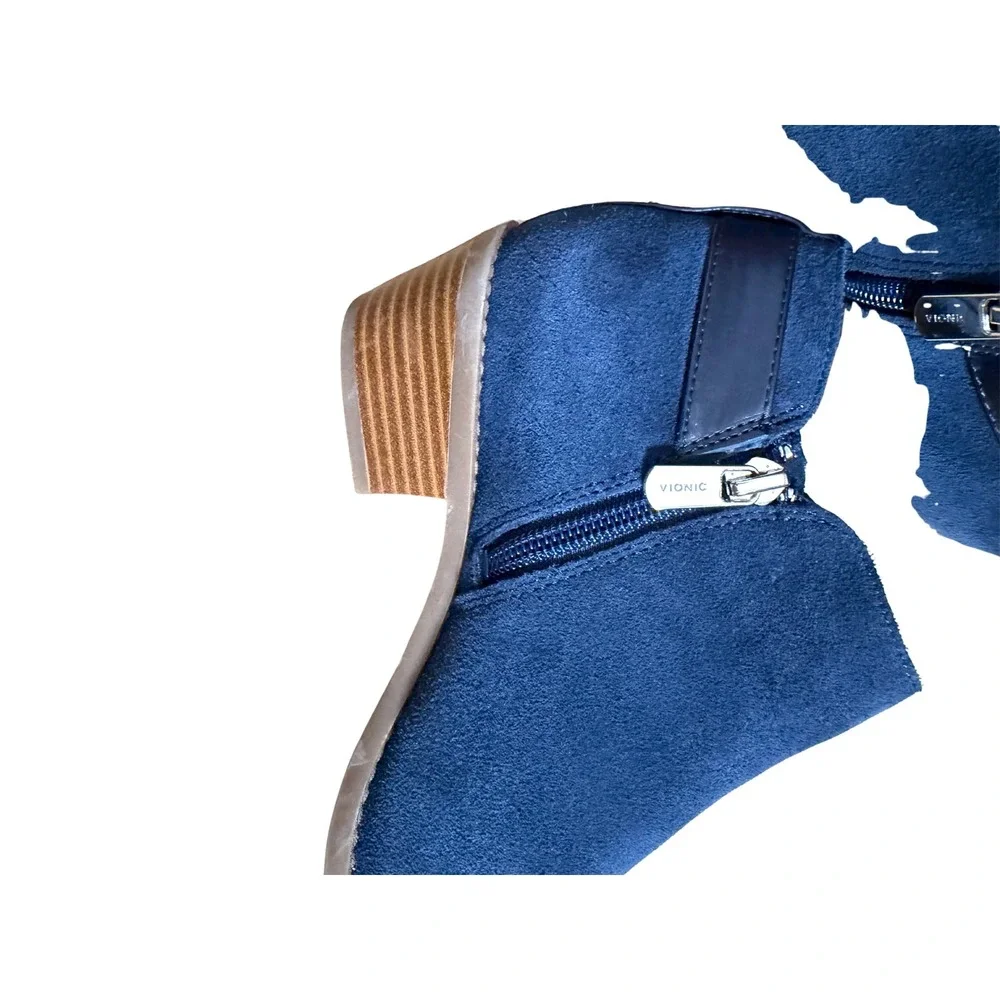 Vionic Blue Suede Ankle Booties Size 6 Buckle Side Zip Block Heel Comfort